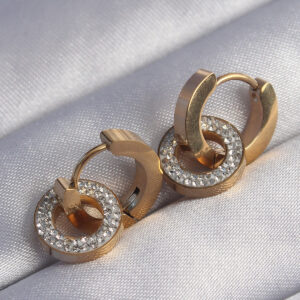 316L Çelik Gold Renk Zirkon Taşlı İç İçe Geçmeli Oval Küpe BKP9014