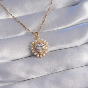 316L Çelik Zincir Gold Renk İncili Zirkon Taşlı Kalp Tasarımlı Kolye BKO8762