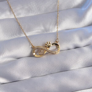 316L Çelik Zincir Gold Renk Zirkon Taşlı Pati ve Kalp Detaylı Sonsuzluk Kolye BKO8780