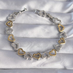 Vip Seri Pirinç Çift Renkli Zirkon Taşlı İçi Boş Kalp Tasarımlı Bileklik BB6124