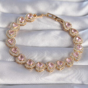 Vip Seri Pirinç Gold Renk Pembe Zirkon Taşlı Kalp Tasarımlı Bileklik BB6127
