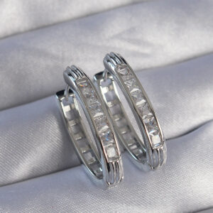 Pirinç Gümüş Renk Zirkon Taşlı Oval Model Küpe BKP9078