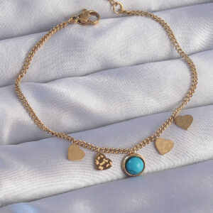 316L Çelik Gold Renk Minimal Kalpli Mavi Taş Detaylı Bileklik BB6178