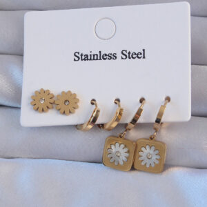 316L Çelik Gold Renk Zirkon Taşlı Sedefli Papatya Model Halka Küpe Seti BKP9150