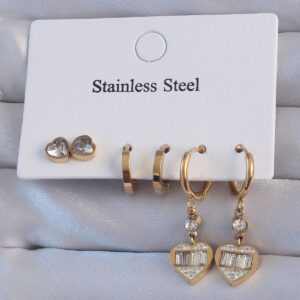 316L Çelik Gold Renk Zirkon Taşlı Kalp Model Halka Küpe Seti BKP9151