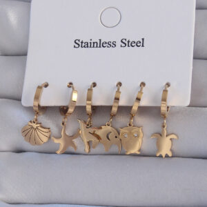 316L Çelik Gold Renk Zirkon Taşlı Hayvan Figürlü Deniz Yıldızı Model Halka Küpe Seti BKP9155