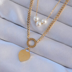 316L Çelik Gold Renk Çift Zincir İnci Detayı Love Kalp Kolye BKO8939