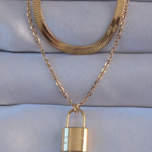 316L Çelik Gold Renk Çift Zincir Kilit Model Kolye BKO8941