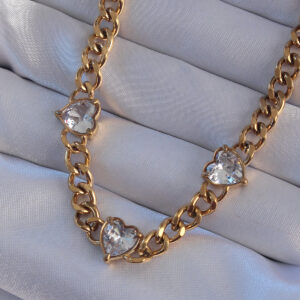 316L Çelik Gold Renk Zirkon Taşlı Kalp Model Zincir Kolye BKO8949