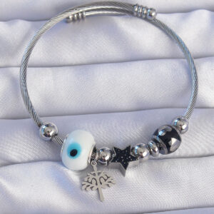 316L Çelik Gümüş Renk Siyah Zirkon Taşlı Yıldız Tasarımlı Ağaç Detay Nazarlı Charm Bileklik BB6198