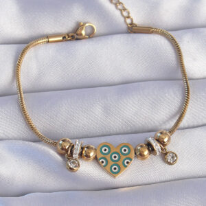 316L Çelik Gold Renk Zirkon Taşlı Nazarlı Kalp Tasarımlı Bileklik BB6199