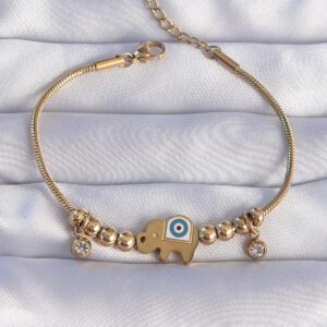 316L Çelik Gold Renk Zirkon Taşlı Nazarlı Fil Tasarımlı Bileklik BB6202