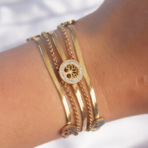 316L Çelik Gold Renk İtalyan Zincir Detaylı Zirkon Taşlı Yaşam Ağacı Tasarımlı Çoklu Bileklik BB6205