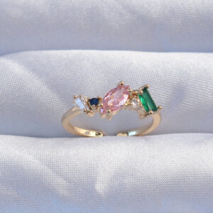 Pirinç Gold Renk Renkli Zirkon Taşlı Ayarlanabilir Yüzük BYK3237