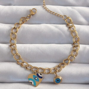316L Çelik Gold Renk Nazarlı Kalp Model Zincir Bileklik BB6227