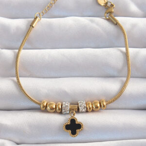 316L Çelik Gold Renk Zirkon Taş Aksesuarlı Siyah Mineli Yonca Bileklik BB6229