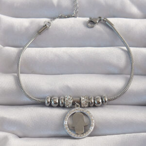 316L Çelik Gümüş Renk Zirkon Taş Aksesuarlı Fatma Ana Eli Bileklik BB6234