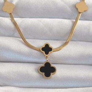 316L Çelik Gold Renk İtalyan Zincirli Mineli Yonca Kolye BKO8969