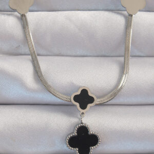 316L Çelik Gümüş Renk İtalyan Zincirli Mineli Yonca Kolye BKO8970