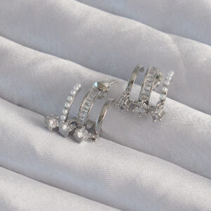 Pirinç Gümüş Renk İncili Çoklu Zirkon Taşlı Yarım Halka Küpe BKP9316