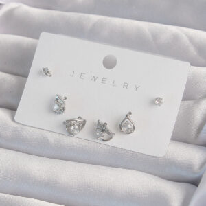 Pirinç Gümüş Renk Zirkon Taşlı Damla Model Küpe Seti BKP9320