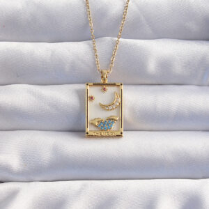316L Çelik Zincir Gold Renk Ay Detay Mavi Zirkon Taşlı Tarot Kolye BKO8980