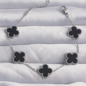 316L Çelik Gümüş Renk Siyah Mineli Yonca Bileklik BB6257