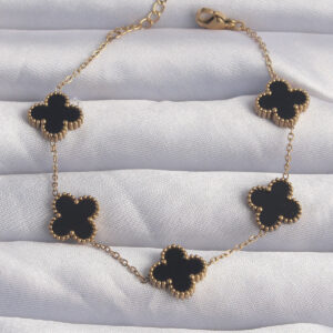 316L Çelik Gold Renk Siyah Mineli Yonca Bileklik BB6258