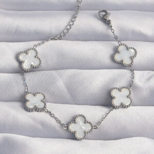 316L Çelik Gümüş Renk Beyaz Sedefli Yonca Bileklik BB6261