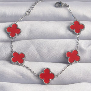 316L Çelik Gümüş Renk Kırmızı Mineli Yonca Bileklik BB6263