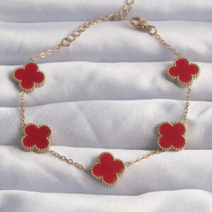 316L Çelik Gold Renk Kırmızı Mineli Yonca Bileklik BB6264