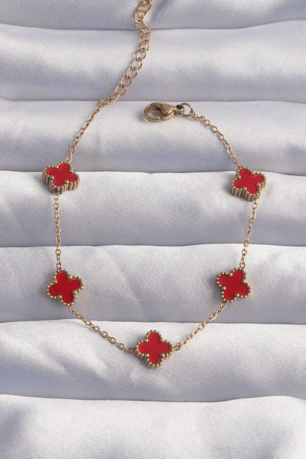 Kalbinle 316L Çelik Baby Boy Gold Renk Kırmızı Mineli Yonca Bileklik BB6274