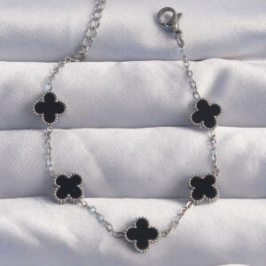 316L Çelik Baby Boy Gümüş Renk Siyah Mineli Yonca Bileklik BB6275