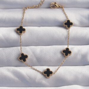 Kalbinle 316L Çelik Baby Boy Gold Renk Siyah Mineli Yonca Bileklik BB6276