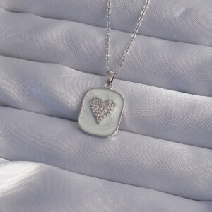 316L Çelik Zincir Mermer Desenli Gümüş Renk Zirkon Taşlı Kalp Model Kolye BKO9014