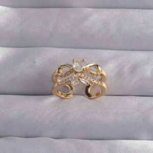 Pirinç Ayarlamalı Gold Renk Zirkon Taşlı 2li Görünüm Fiyonk Yüzük BYK3287