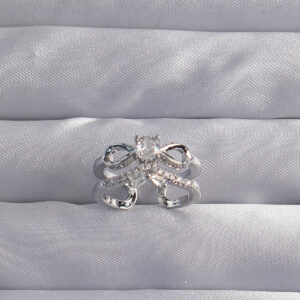 Pirinç Ayarlamalı Gümüş Renk Zirkon Taşlı 2li Görünüm Fiyonk Yüzük BYK3288