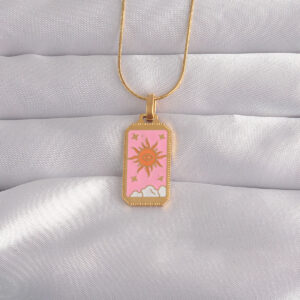 316L Çelik Gold Renk Pembe Mineli Güneş Model Tarot Kolye BKO9029