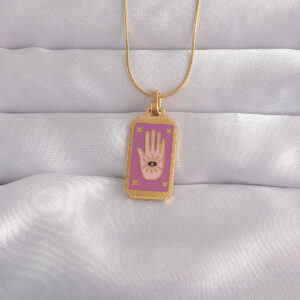 316L Çelik Gold Renk Mor Mineli El Figür Tarot Kolye BKO9034