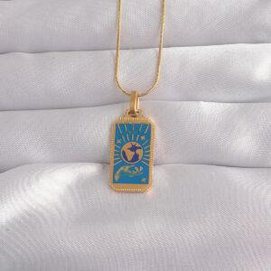 316L Çelik Gold Renk Mavi Mineli El Figür Tarot Kolye BKO9040