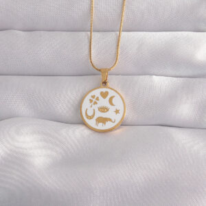 316L Çelik Gold Renk Beyaz Mineli Karışık Figürlü Tarot Kolye BKO9041