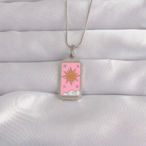 316L Çelik Gümüş Renk Pembe Mineli Güneş Model Tarot Kolye BKO9043