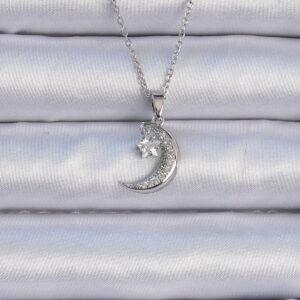 316L Çelik Zincir Gümüş Renk Zirkon Taşlı Sallantılı Ay Yıldız Kolye BKO9062