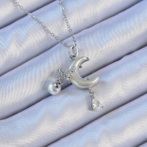 316L Çelik Zincir Gümüş Renk Zirkon Taşlı Kelebekli Mineli Ay Kolye BKO9094