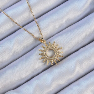 316L Çelik Zincir Altın Renk Zirkon Taşlı Parlayan Güneş Kolye BKO9105