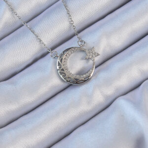 316L Çelik Zincir Gümüş Renk Zirkon Taşlı Motifli Ay Yıldız Kolye BKO9116