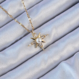 316L Çelik Zincir Altın Renk Baget Taşlı İnci Detay Kutup Yıldızı Kolye BKO9119