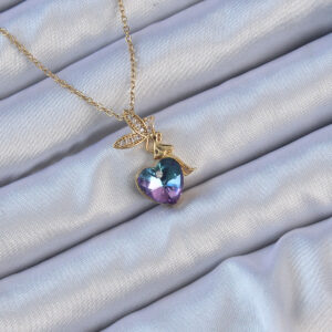 316L Çelik Zincir Altın Renk Mor Mavi Renk Zirkon Taşlı Kalp Detay Peri Kolye BKO9127