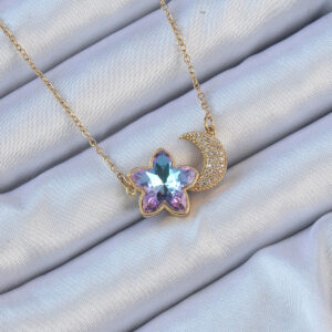 316L Çelik Zincir Altın Renk Ay Tasarımlı Renkli Zirkon Taşlı Çiçek Kolye BKO9135