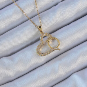 316L Çelik Zincir Altın Renk Zirkon Taşlı Yüzüklü Kalp Kolye BKO9145
